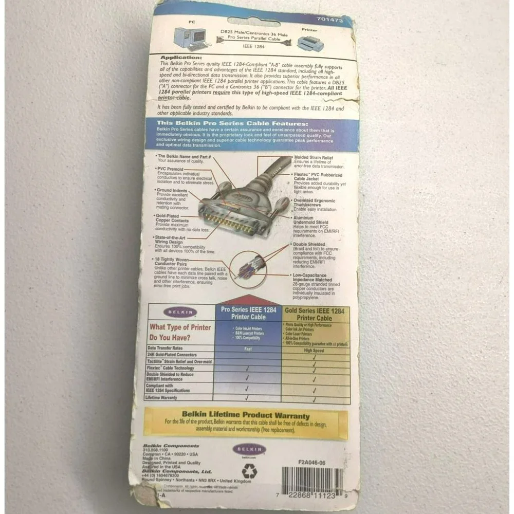Brand New Sealed Belkin Pro Series IEEE 6' Printer Cable PC Compatible Unopened